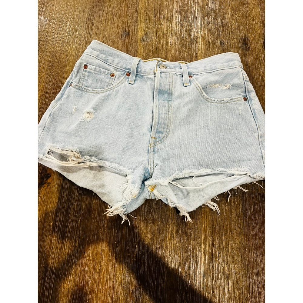 Levis 501 Original High Rise Distressed Denim Shorts Light Wash W28 Button Fly